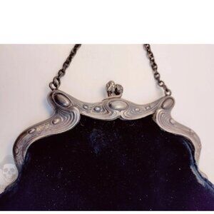 Art Nouveau Solid Sterling Silver Blue Felt Purse